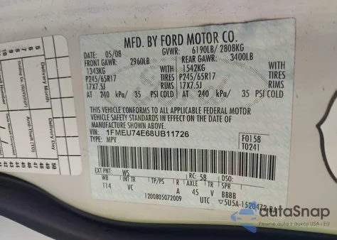 2008 Ford Explorer Eddie Bauer z USA, uszkodzony, nr VIN 1FMEU74E68UB11726